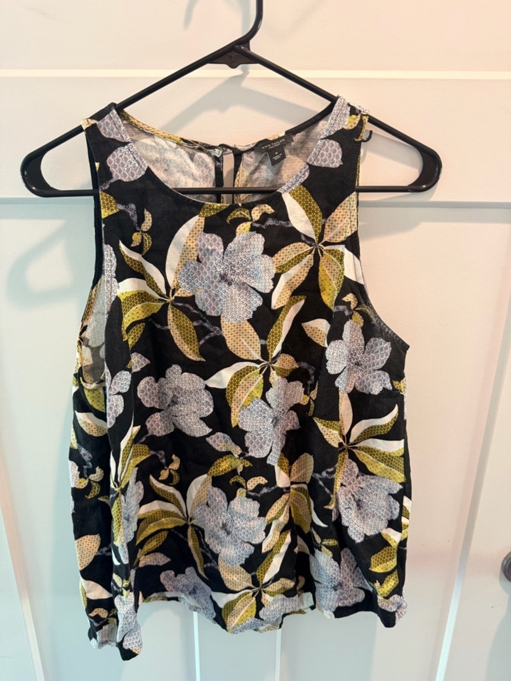 Ann Taylor Factory Floral Linen Blend Tank Top M Black Sleeveless Lightweight